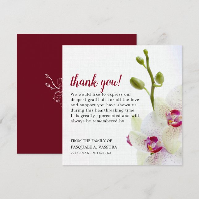 White Orchid Flower Funeral Thank You Card (Front/Back)