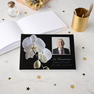 White Orchid Flower on Black Funeral Memorial  Guest Book