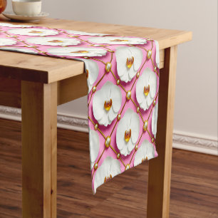 White Orchid Flowers on Pink Background With Gold Short Table Runner