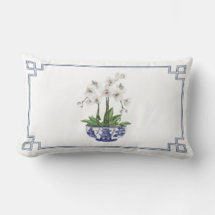 White Orchid in blue and white Chinoiserie Bowl Lumbar Pillow