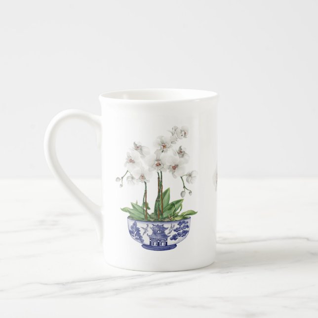 White Orchid in Chinoiserie Bowl Ceramic  Bone China Mug (Left)