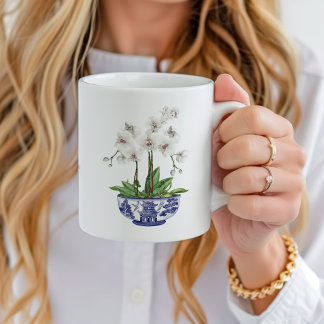 White Orchid in Chinoiserie Bowl Ceramic Coffee Mug