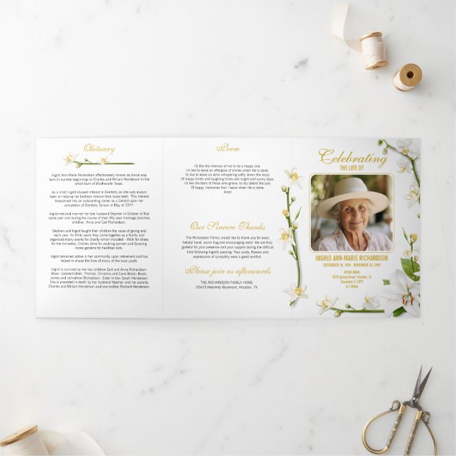 White Orchid Lily Multi Photo Poem Tri-Fold Programme (Outside)