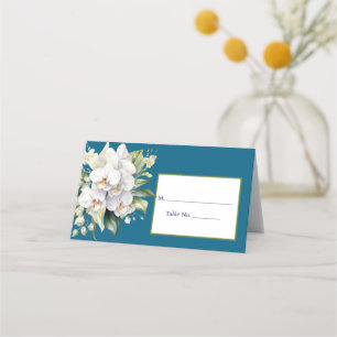 White Orchid Ocean Blue Folded Place Card