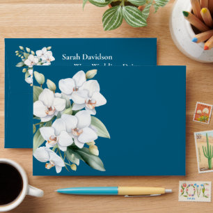 White Orchid Ocean Blue Wedding Envelopes