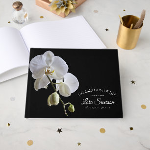 White Orchid on Black Celebration of Life Memorial Guest Book