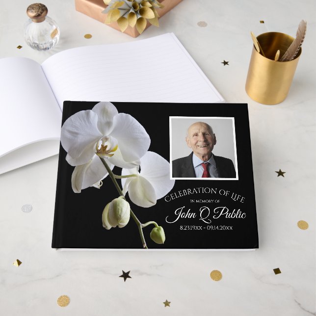 White Orchid on Black Celebration of Life Memorial Guest Book (Front Open)