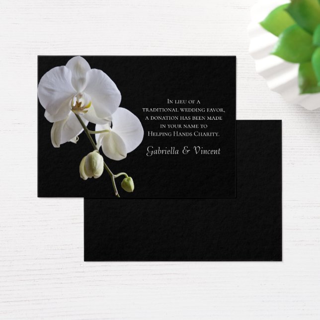 White Orchid on Black Charity Wedding Favour Card (Desk)