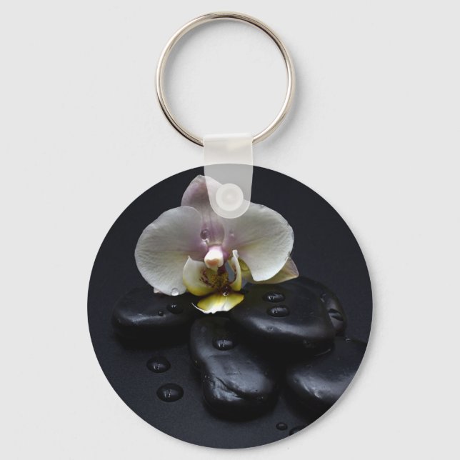 White Orchid On Black Stones Keychain (Front)