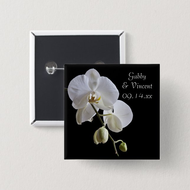 White Orchid on Black Wedding 2 Inch Square Button (Front & Back)