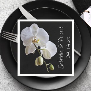 White Orchid on Black Wedding Napkin