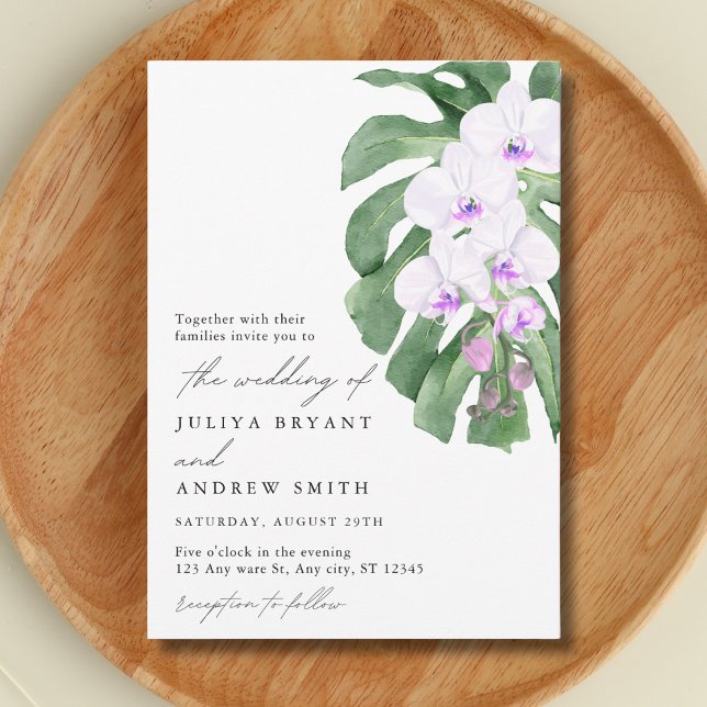 White Orchid on Tropical leaf script wedding Invitation (Creator Uploaded)