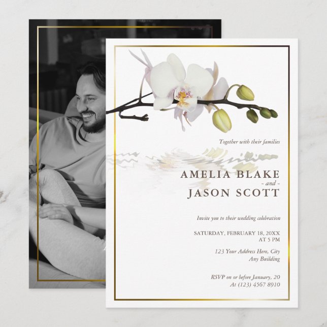 White Orchid on White | Gold Frame | Photo Wedding Invitation (Front/Back)