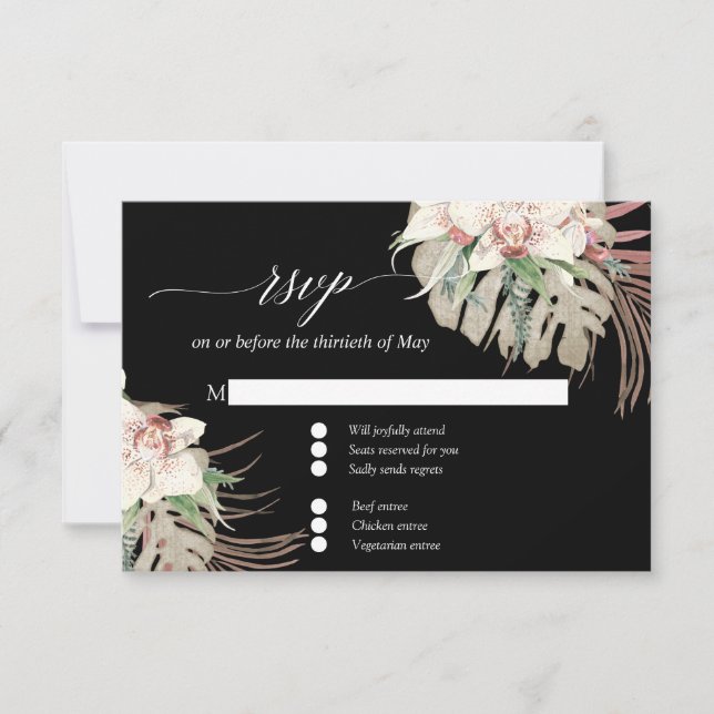 White Orchid Tropical Leaf Blush Black Floral RSVP (Front)