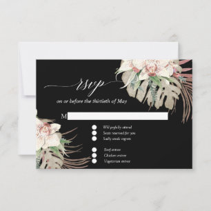 White Orchid Tropical Leaf Blush Black Floral RSVP Card
