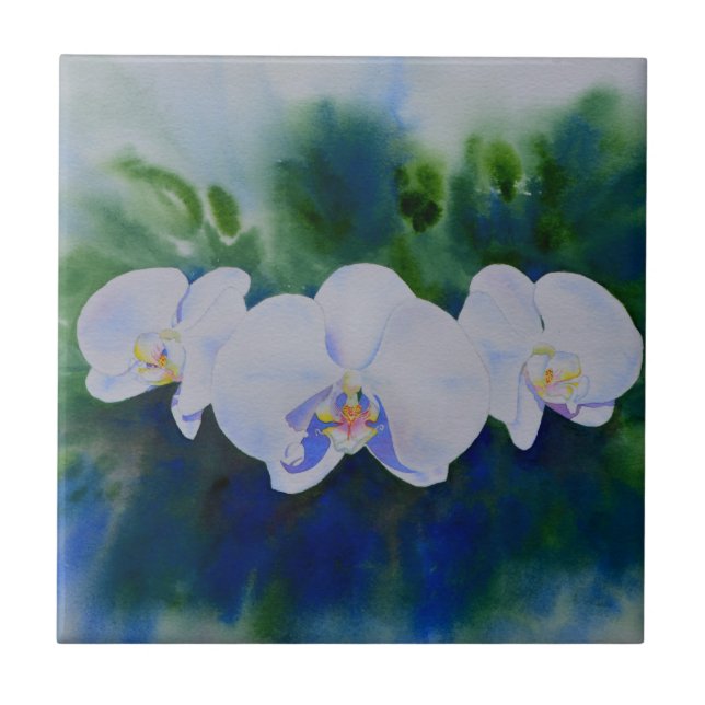 White orchid watercolor painting, greenery  tile (Front)