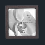 White Orchid Wedding Jewelry Box<br><div class="desc">Customize the elegant White Orchid Wedding Gift Box with the personal names of the bride and groom and specific marriage ceremony date to create a keepsake gift for the newlyweds, bridesmaids or bridal attendants. This classy custom flowery trinket box features a black and white floral photograph of a white phalaenopsis...</div>