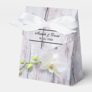 White Orchid Wooden Background Wedding Favor Box