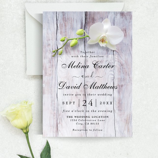 White Orchid Wooden Background Wedding Invitation (Creator Uploaded)