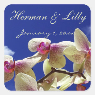 White Orchids and Blue Sky Personalized Wedding Square Sticker