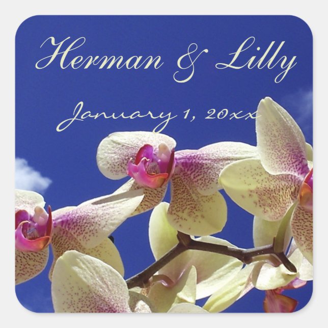 White Orchids and Blue Sky Personalized Wedding Square Sticker (Front)