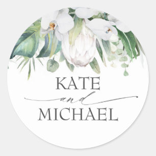 White Orchids and King Protea Tropical Greenery Classic Round Sticker