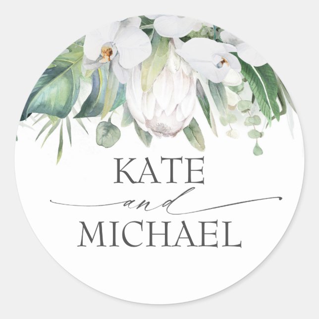 White Orchids and King Protea Tropical Greenery Classic Round Sticker (Front)
