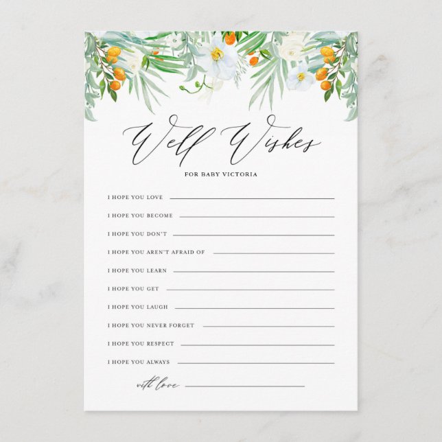 White Orchids and Kumquats Baby Shower Well Wishes Enclosure Card (Front)