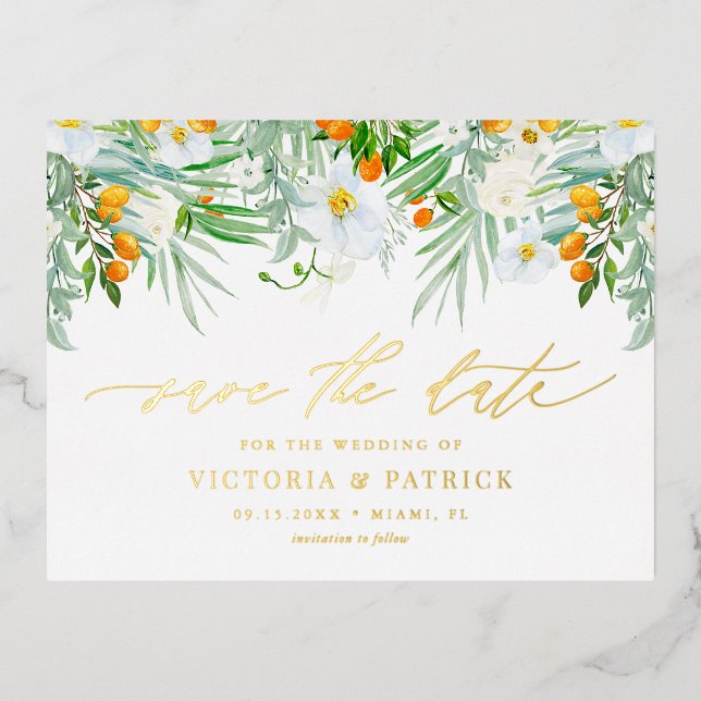 White Orchids and Kumquats Floral Save the Date Foil Invitation Postcard (Front)