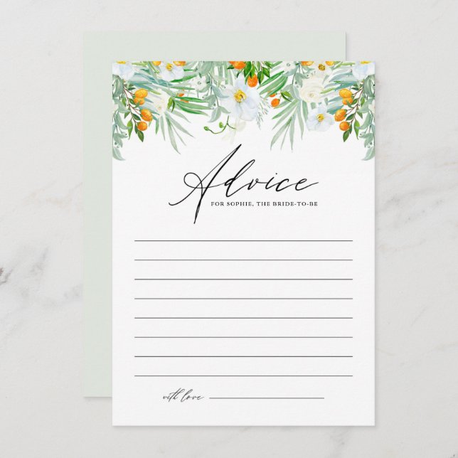 White Orchids and Kumquats Tropical Bridal Shower Advice Card (Front/Back)