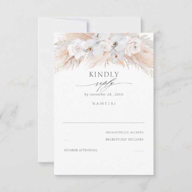 White Orchids and Roses Dried Pampas Wedding RSVP Card (Front)