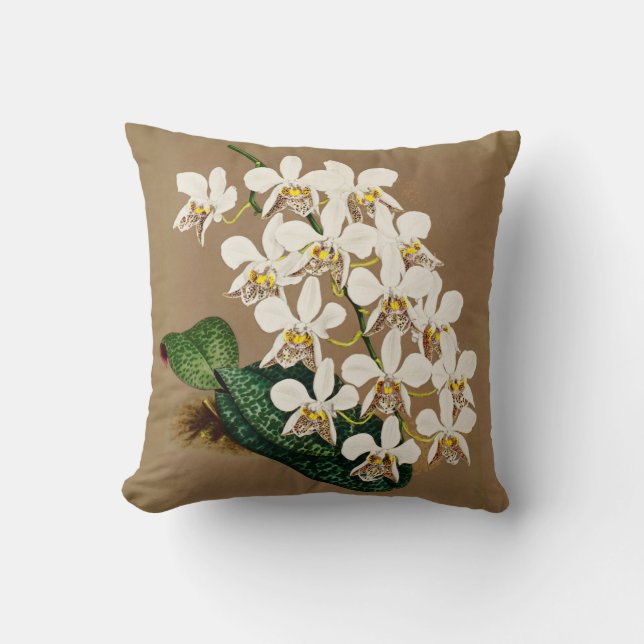 White Orchids Botanical Print, Tan Background Throw Pillow (Front)