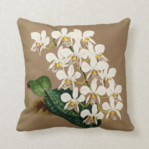 White Orchids Botanical Print, Tan Background Throw Pillow