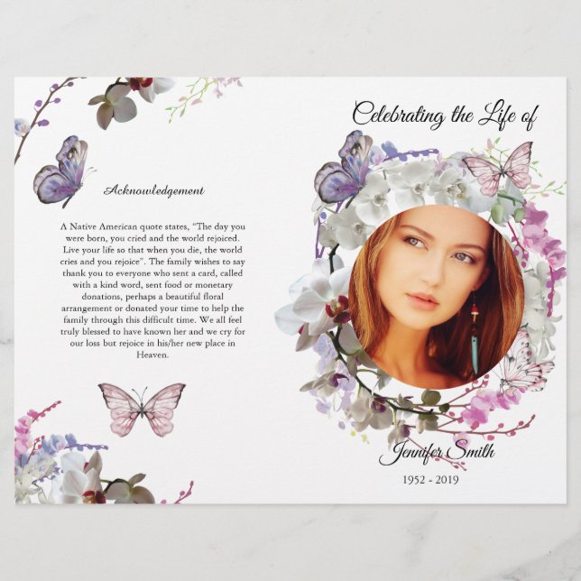 White Orchids Butterfly Funeral Program Flyer (Front)