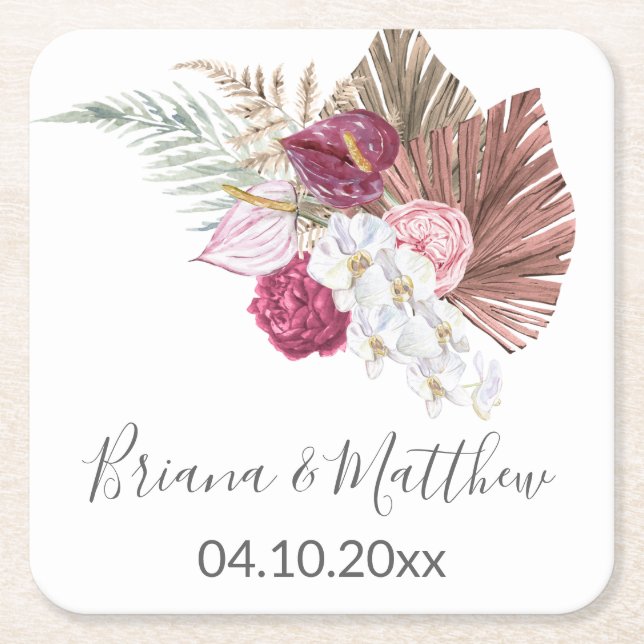 White Orchids Dried Palm Burgundy Floral Wedding Square Paper Coaster (Front)