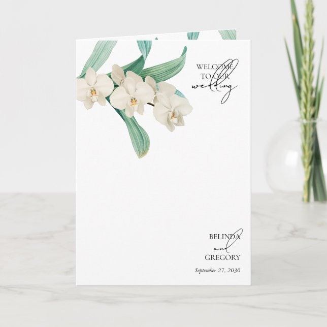 White Orchids Floral Wedding Order of Service Program (Front)
