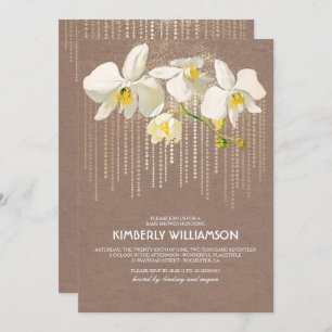 White Orchids Gold Glitter Vintage Baby Shower Invitation