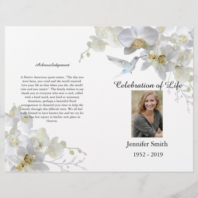 White Orchids Hummingbird Funeral Program Flyer (Front)