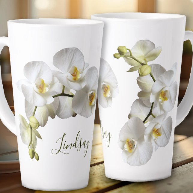 White Orchids Name Template Elegant Gift Latte Mug (Creator Uploaded)