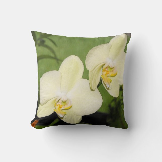 White Orchids on a green background Throw Pillow (Front)