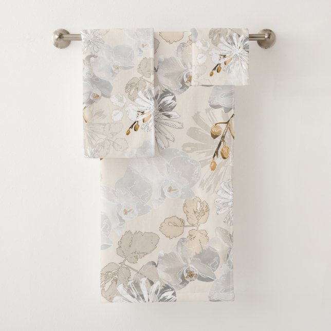 White orchids on a light cream   bath towel set (Insitu)