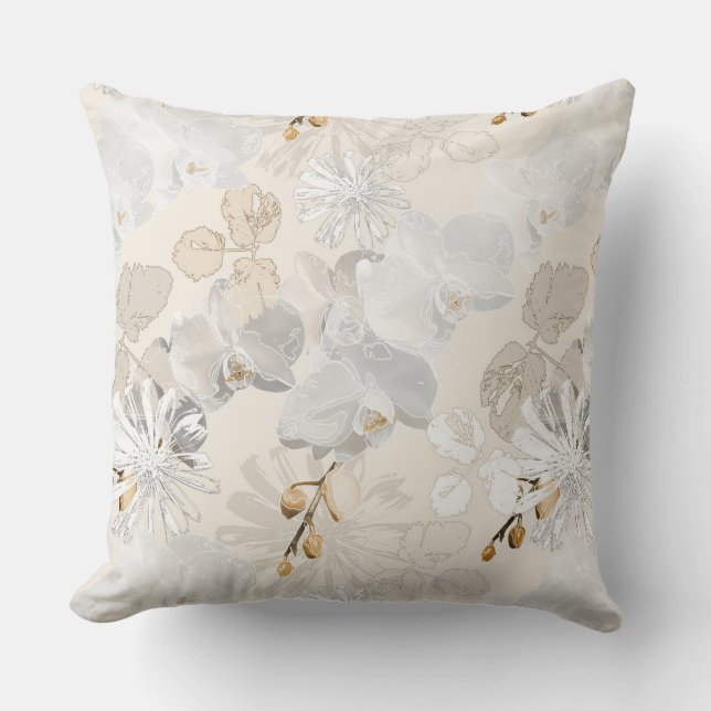 White orchids on a light cream throw pillow (Front)