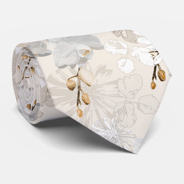 White orchids on a light cream tie (Rolled)