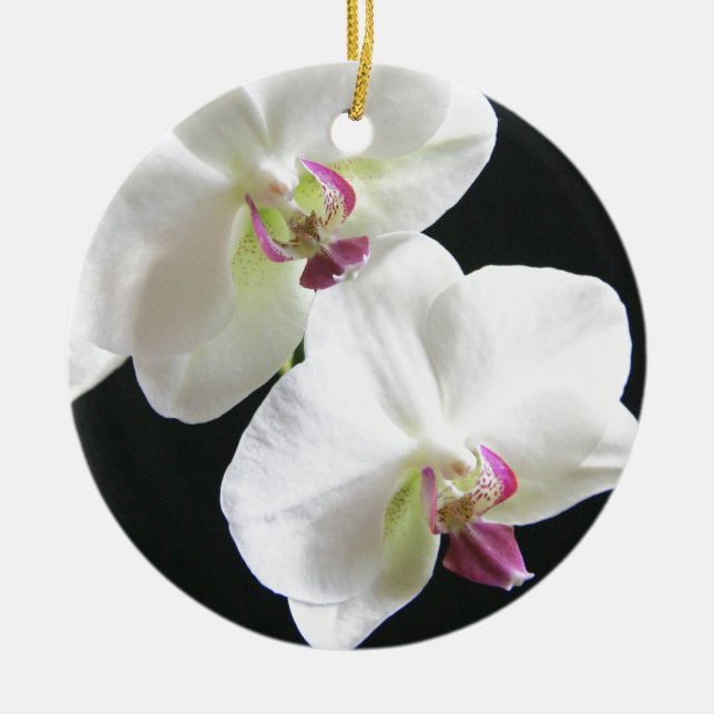 White Orchids on Black Christmas Ornament (Front)