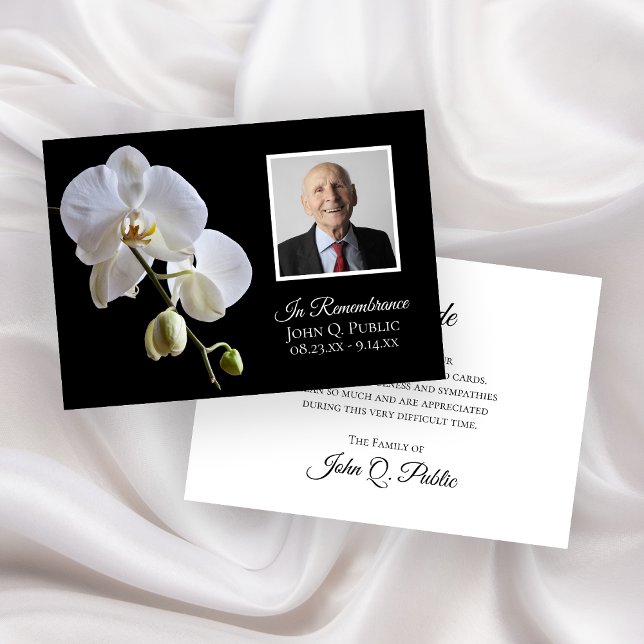 White Orchids on Black Funeral Sympathy Thank You Card (Creator Uploaded)