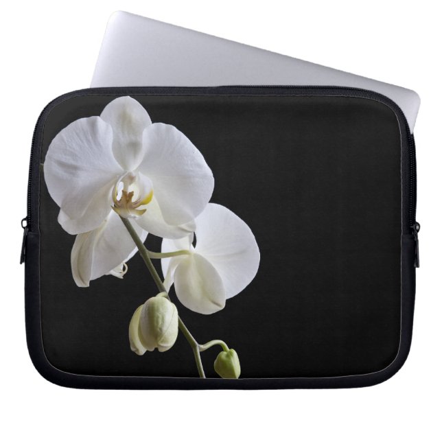 White Orchids on Black Laptop Sleeve (Front)