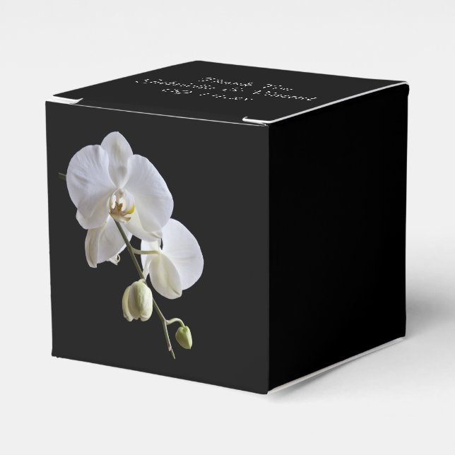 White Orchids on Black Wedding Favor Box (Front Side)