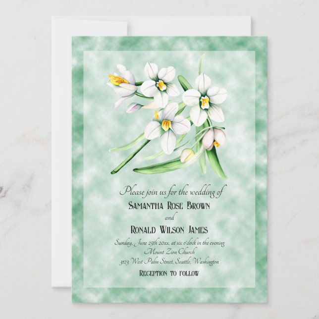 White Orchids on green background wedding Invitation (Front)