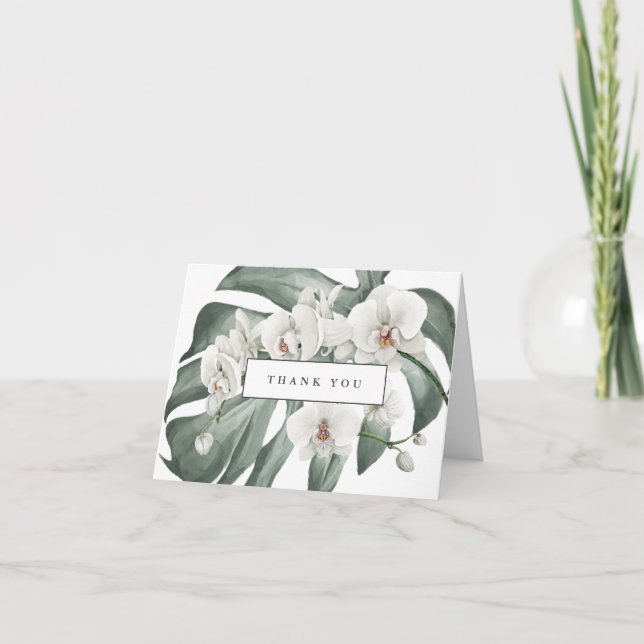 White Orchids on Monstera Tropical Thank You Card (Front)