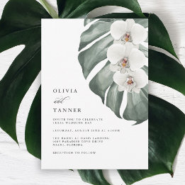 White Orchids on Monstera Tropical Wedding Invitation